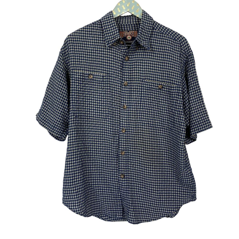 Duluth Trading Button Up Shirt Mens L Blue Plaid Seersucker Lightweight‎ Stretch